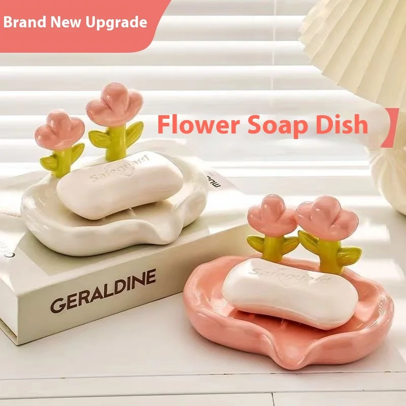 

Creative Cute Flower Soap Dish Plastic No-Drilling Drain Home Use Soap Handwashing Stand Bathroom Organizer Shelf
