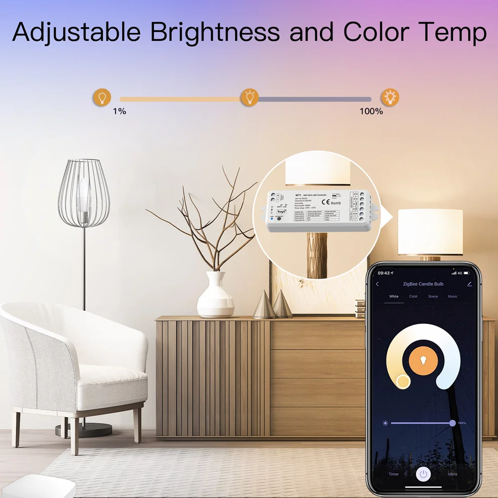 2CH Tuya Zigbee WiFi Led Controller 12V 24V Dimmer CCT WW/CW Single Color Strip Control Touch Remote for Alexa Google/APP/Voice