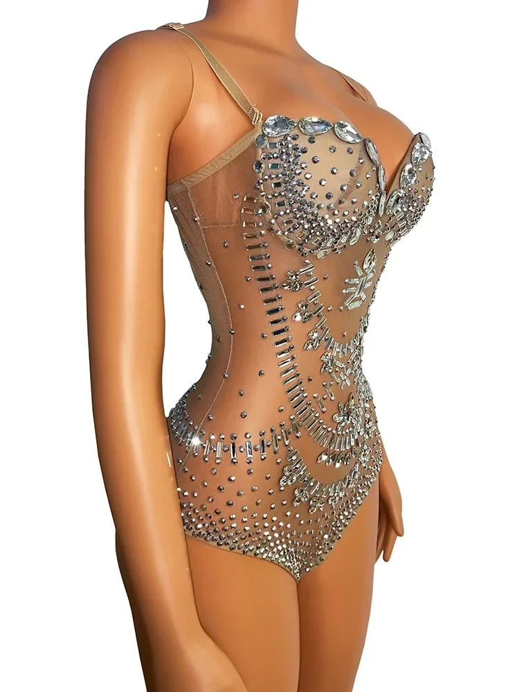 Sparkly Silver Crystals Leotard Sexy Mesh Club Outfit Celebrate Female Singer Dj Rhinestones Bodysuit Dance Costume Stage Wear