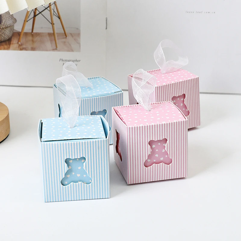 

10pcs Cartoon Hollow Out Bear Candy Box With Ribbons Blue Pink Gender Reveal Candy Gift Packing Box Baby Shower Party Decoration