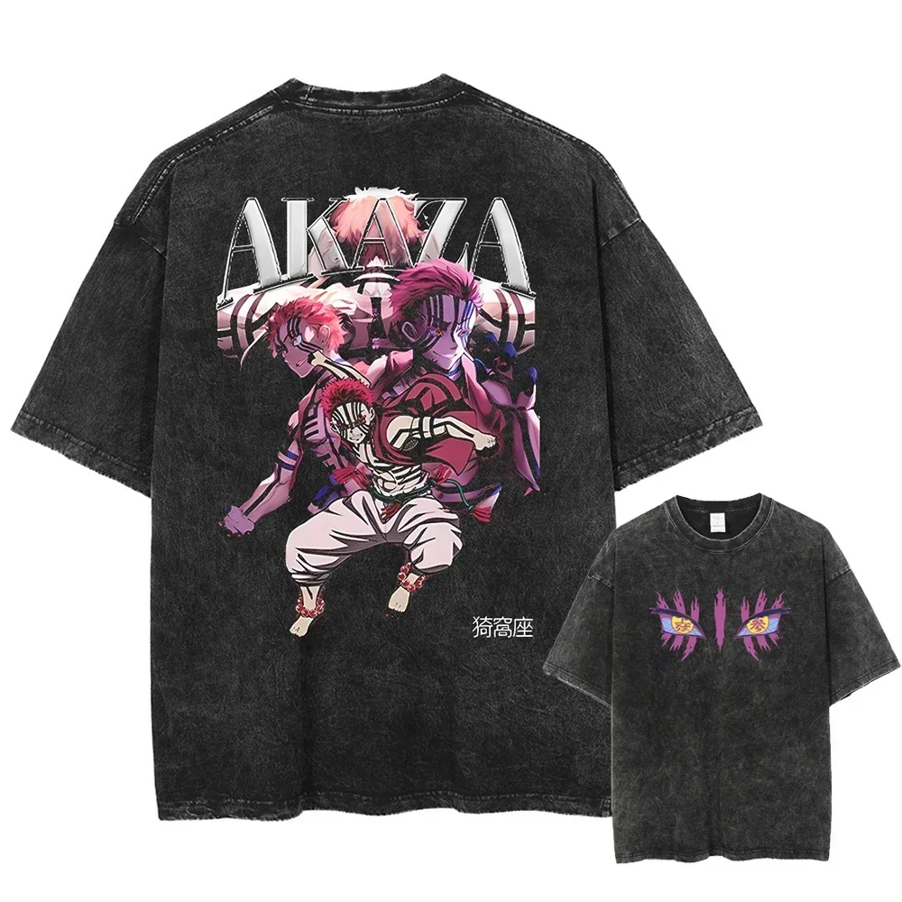 Anime Demon Slayer Rengoku Kyoujurou Printed T-shirt Men's and Women's Washed T-shirt High Quality Vintage Cotton T-shirt Tops