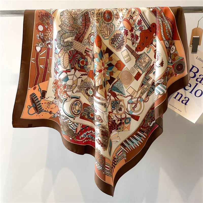 

Luxury Brand Bohemian Print Square Scarf Elegant Ladies Satin Silk Feeling Shawl Stylish Women's Decorative Beach Towel