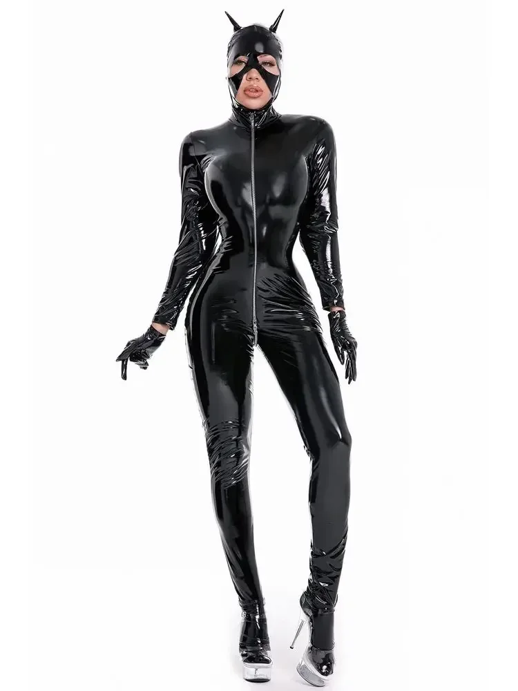 

Unisex Wet Look PVC Catsuit Shiny PU Leather Cosplay Outfit Zentai Tights 3 Zipper Open Crotch Bodysuit Conjoined Sexy Leotard