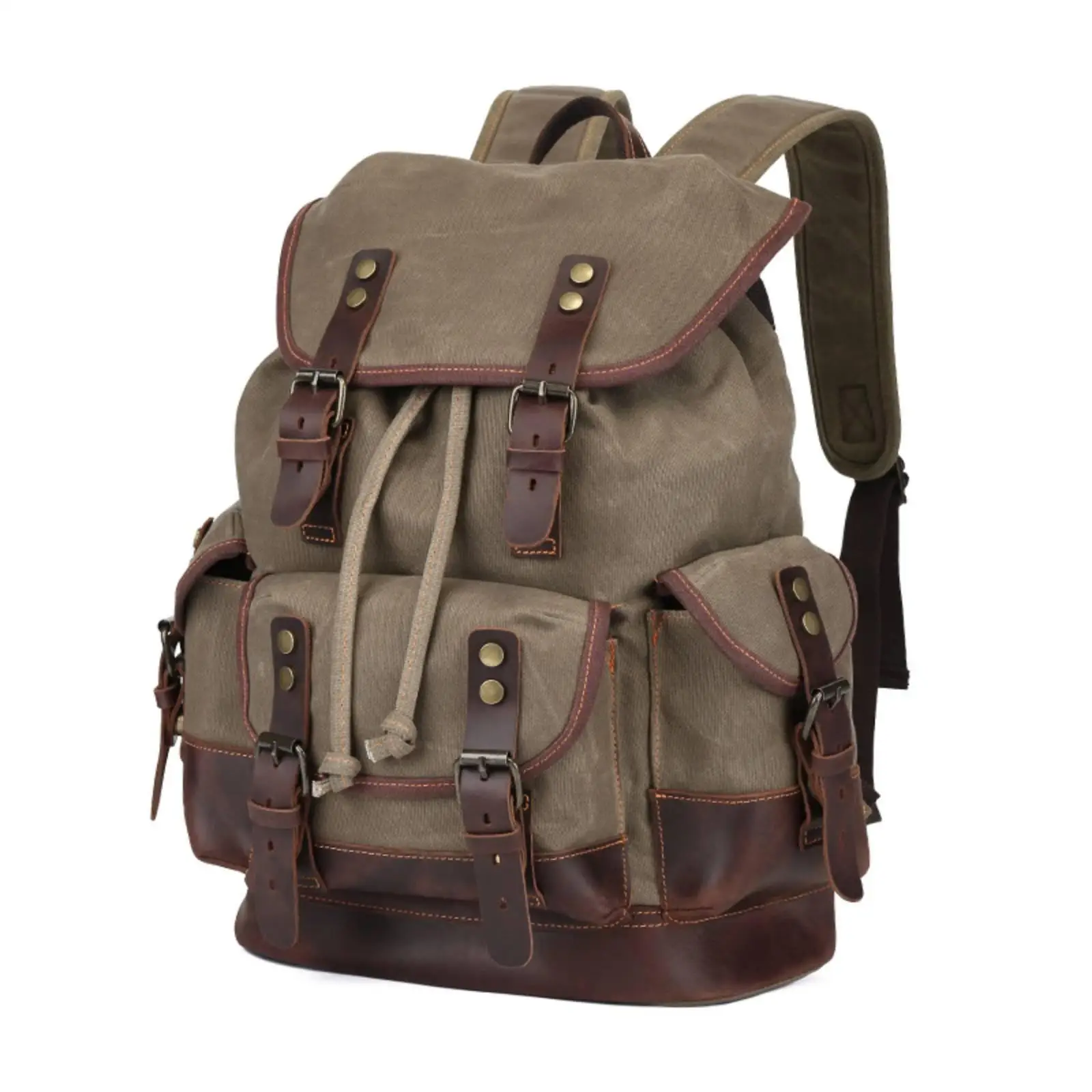 Vintage Style Canvas Leather Rucksack Classic Flap Top Secure Drawstring for Daily Commute and Outdoor Use