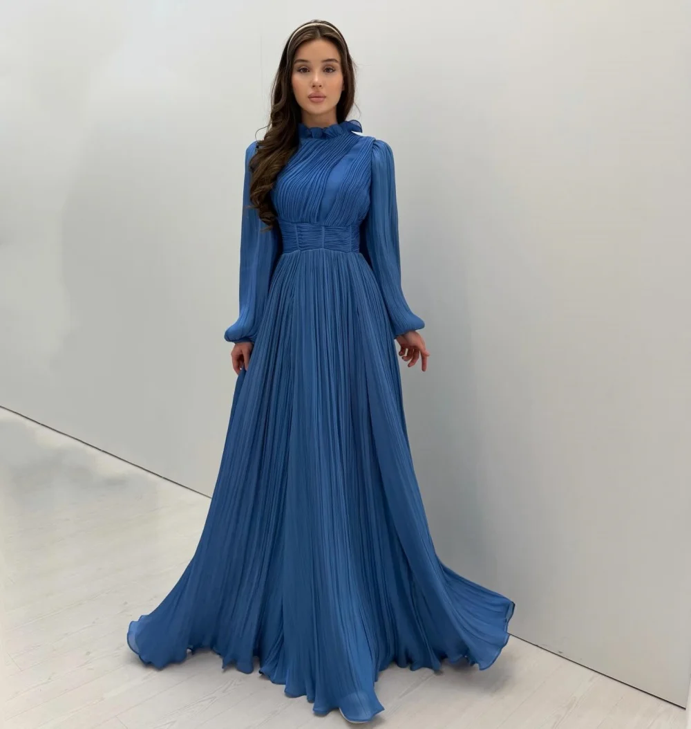 

Customized Elegant High Collar A-line Women's Evening Gowns Pleat Long Dresses Party Dress Sizes Available