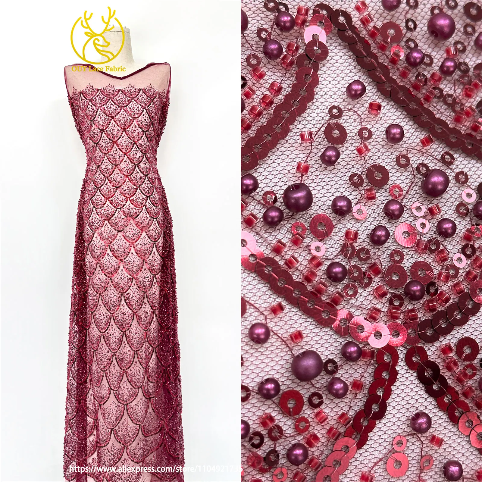 Burgunderroter afrikanischer Perlenstickerei-Mesh-Spitzenstoff, eleganter nigerianischer französischer Pailletten-Tüll-Spitzenstoff für Frauen, Partykleider – Detail 5