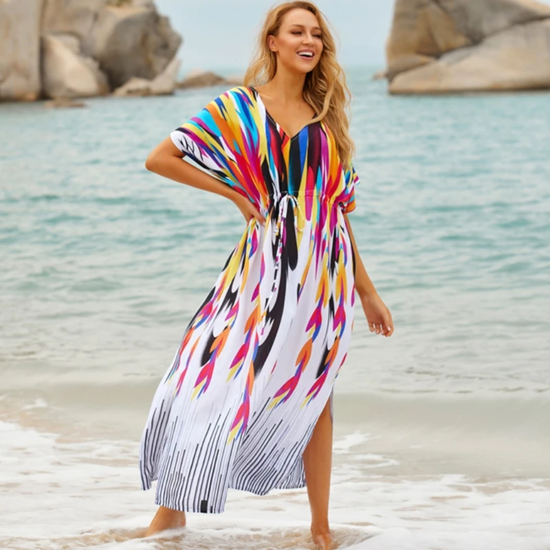 

Women Boho Rainbow Stripes Print Bathing Suit Cover Up Beach Long Dress Kaftans Dropship