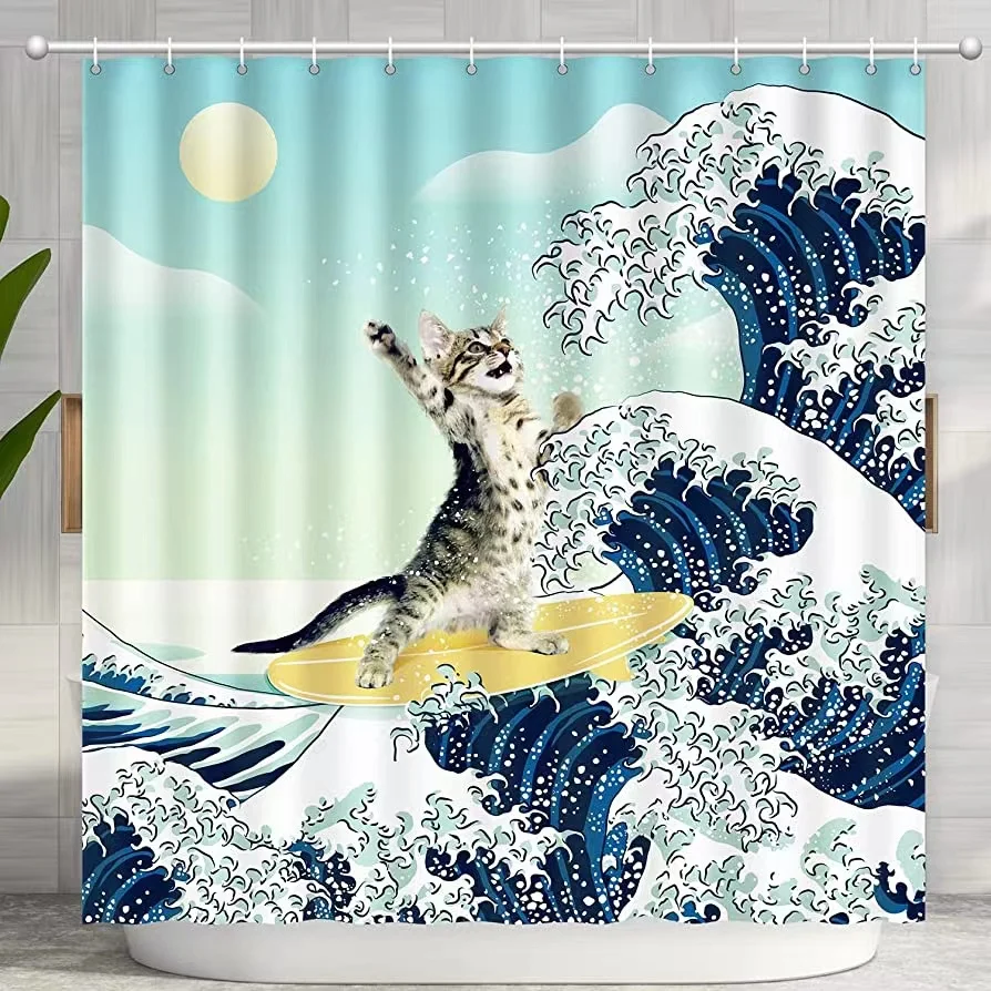 

Funny Cat Shower Curtain Surfer Cat Shower Curtain Battle Blue Ocean Great Wave Waterproof Kids Bath Screen Bathroom Decor Hooks