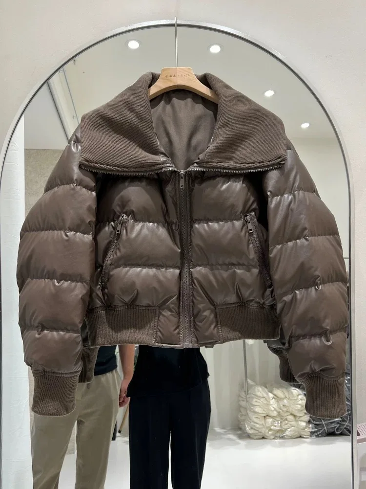 PU Leather Splicing Non Washable Down Jacket Women Short Style 2025 Winter New Laple Collar Trendy White Duck Down Coat