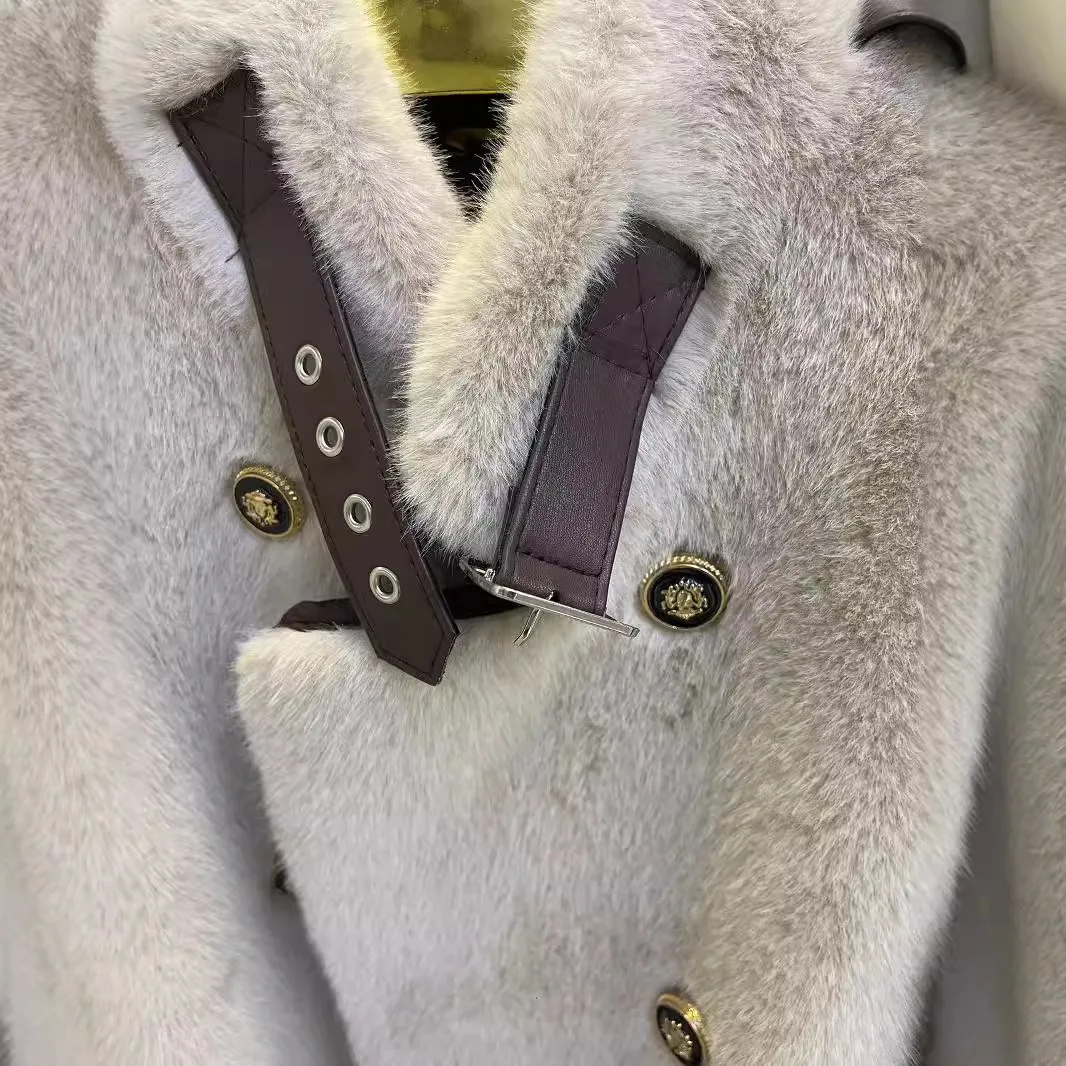 Abrigos de invierno de piel de doble cara para mujer con cinturón, chaqueta de piel sintética de visón, abrigo de felpa de un solo pecho, chaquetas largas y esponjosas de calidad