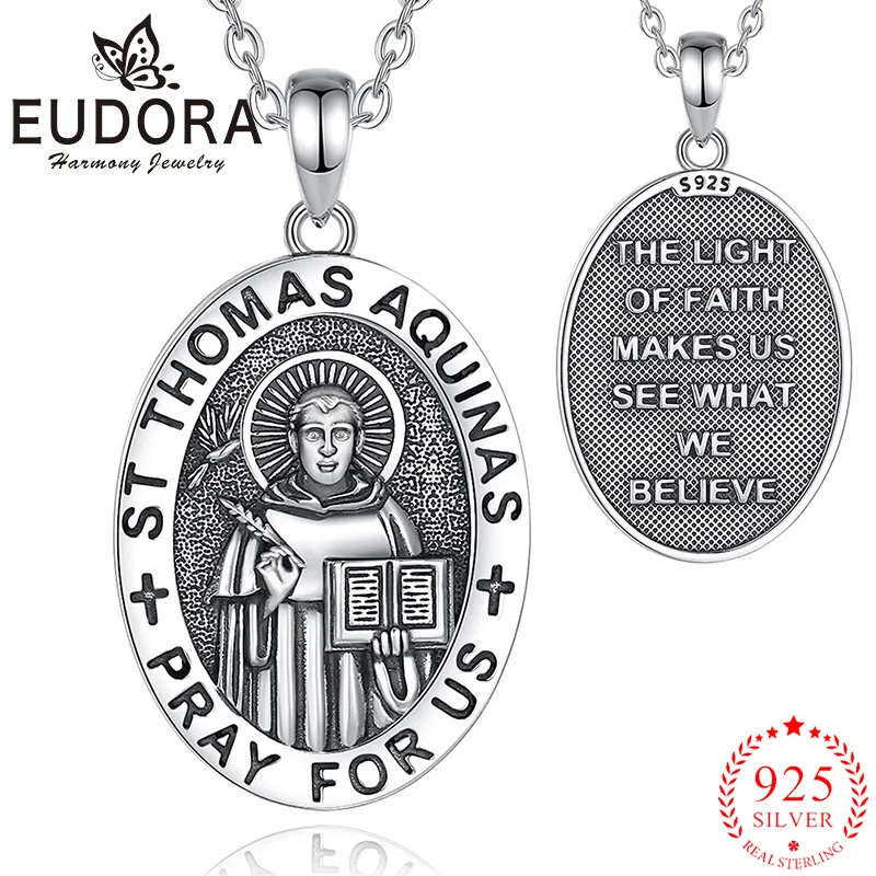 

Eudora стерлингового серебра 925 пробы Saint Thomas Aquinas ожерелье амулет медаль католический кулон защита ювелирные изделия подарок для мужчин и женщин