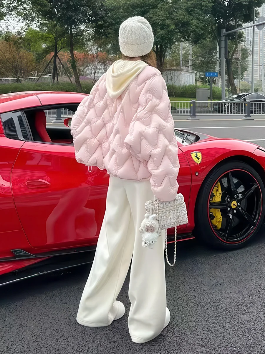 

Розовая женская зимняя куртка с волнистым узором и интегрированной шапкой, новый дизайн, теплая, утолщенная, с длинными рукавами, на молнии