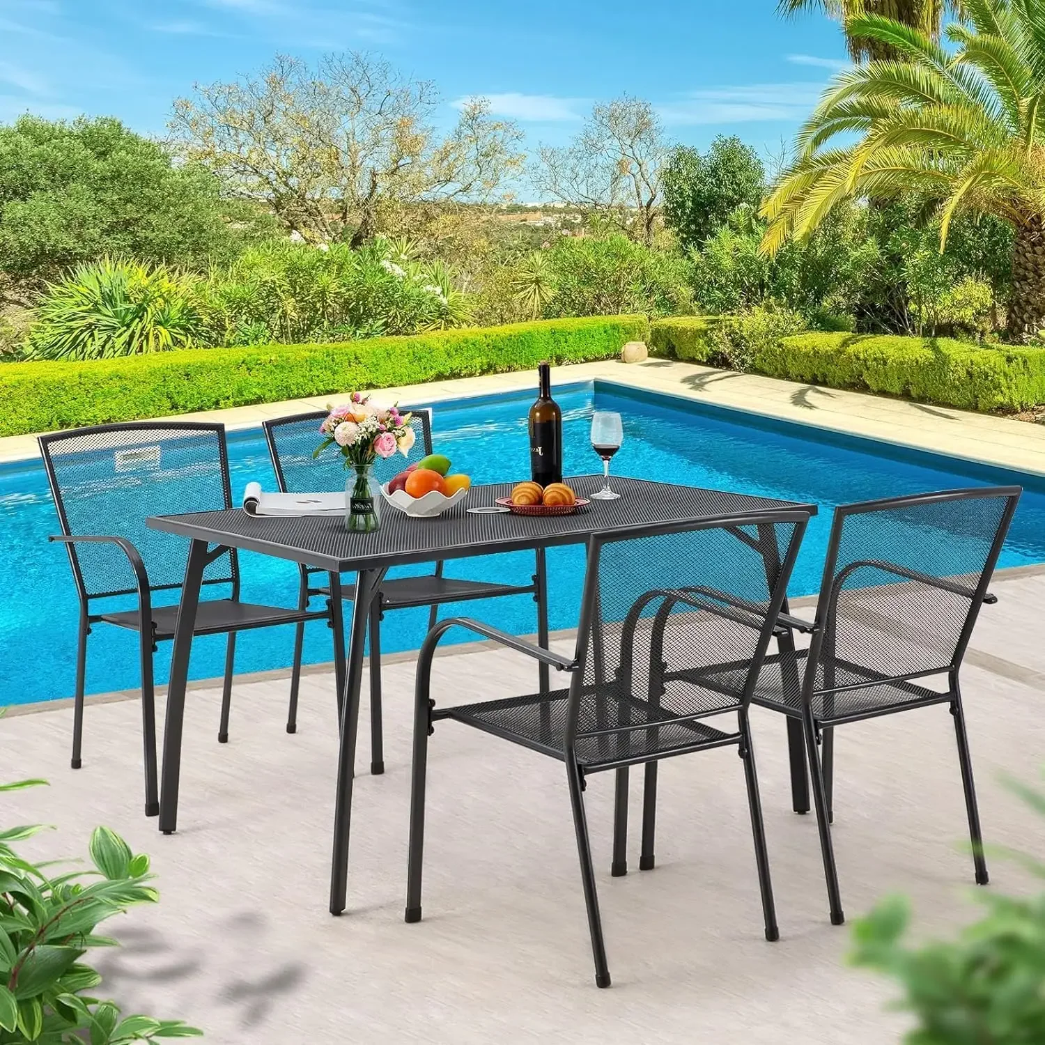 

Metal Outdoor Patio Dining Table Set for 4 w/Umbrella Hole,Rectangle/Round Table &4 Stackable Chairs for Garden Backyard Balcony