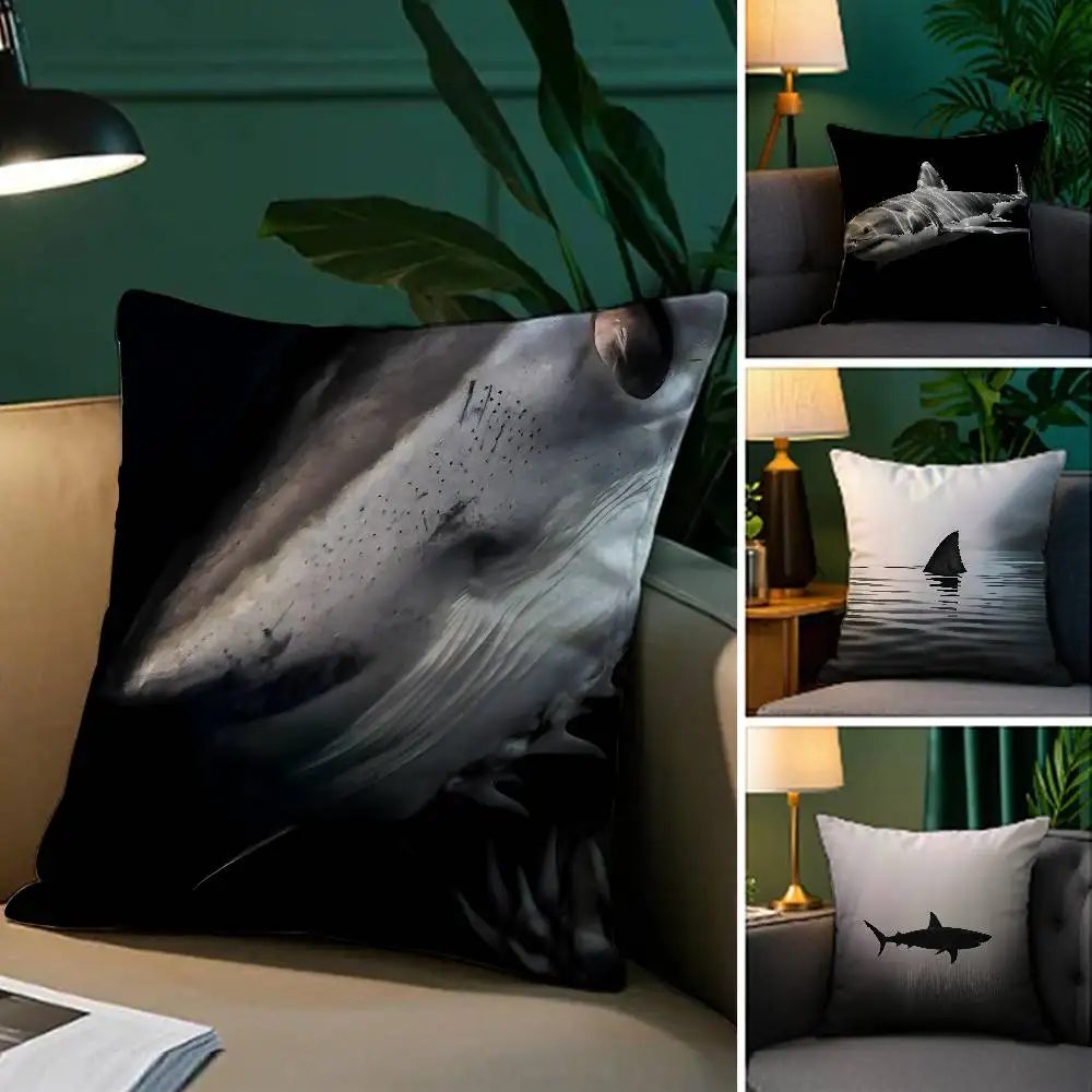 Shark Black Pillow Case Plush Fabric Soft Pillowcase Double Sided Print Sofa Cushion Cover Throw