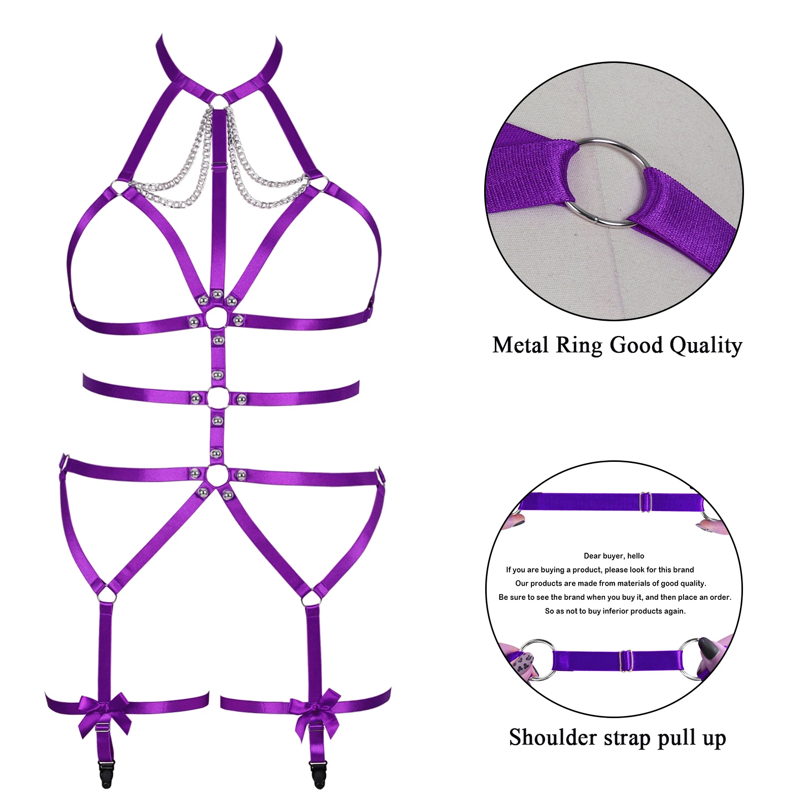 Women Fashion Purple Suspender Belt Bdsm Bow Harness Set For Busty Cage Bra Clothes Adjust Waist Belt Pole Dance Rave Wear