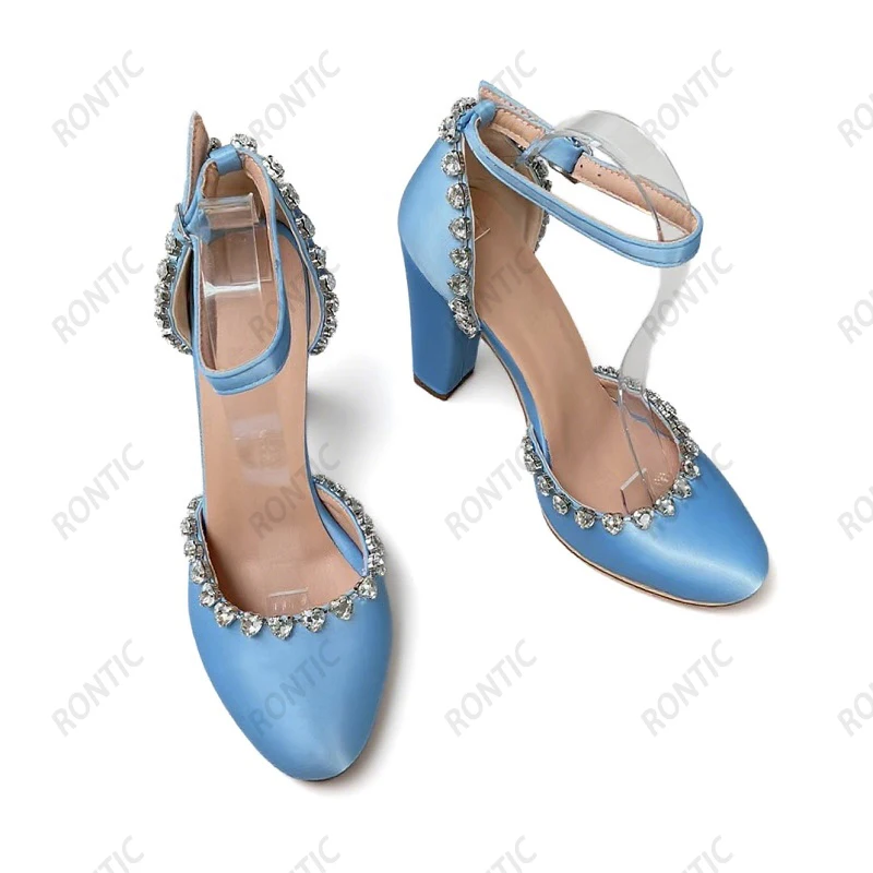 Rontic Handmade Women Ankle Strap Sandals Rhinestone Square High Heels Round Toe Pretty Light Blue Party Shoes US Size 5-20