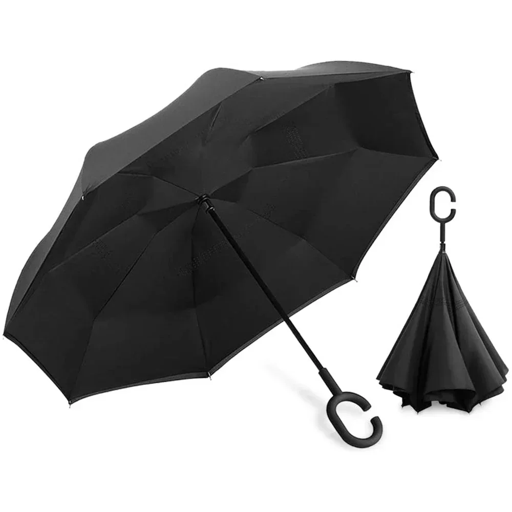 New Color Matching Handle Double Layer Automatic Reverse Umbrella with Safety Luminous Strip Car Car Long Handle Umbrella