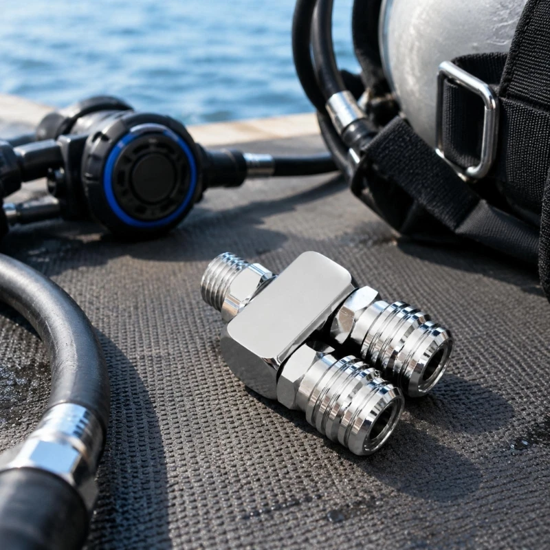 Diving Low-Pressure Hose Splitter Fitting, Three-Port Coupler for Routing Regulator Hose toward Two Inflator Outlets in 69HD