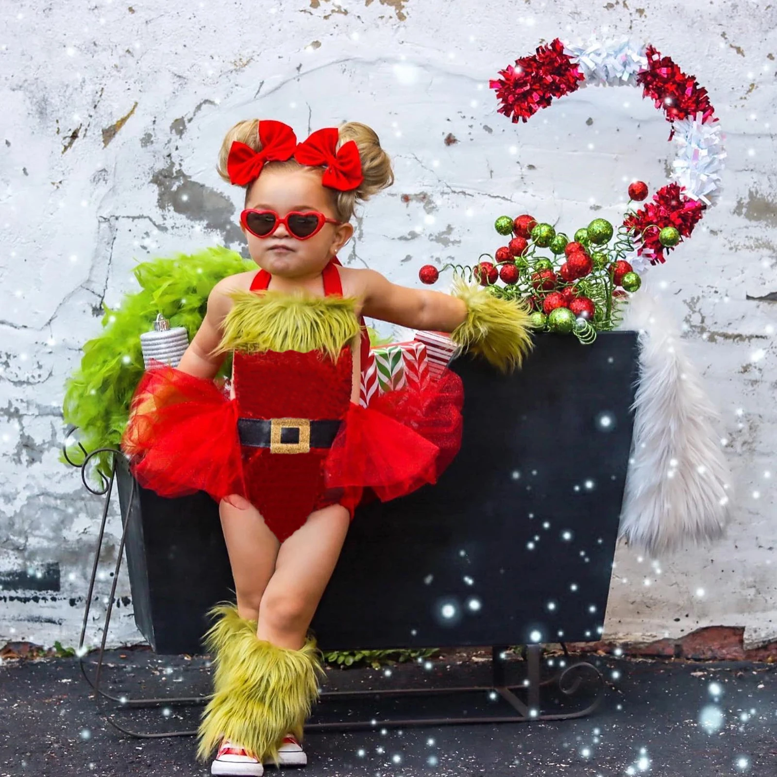 Baby GirlChristmas Outfits Lace Up Patchwork Mesh Long Sleeve Fur Decorated Jumpsuit with Headband Set Newborn Harness Dress