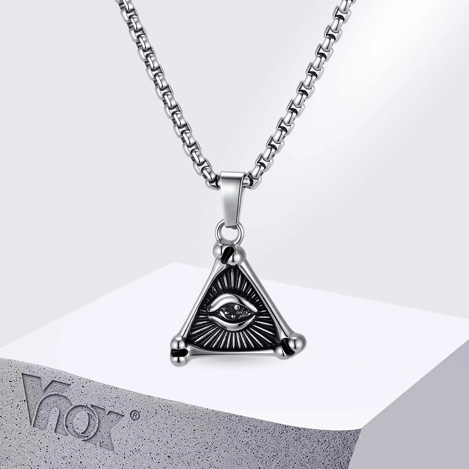 Vnox Geometric Eye of Providence Triangle Pendant Necklace, Vintage Silver Color Punk Chain Jewelry for Men, Lucky Amulet Gift