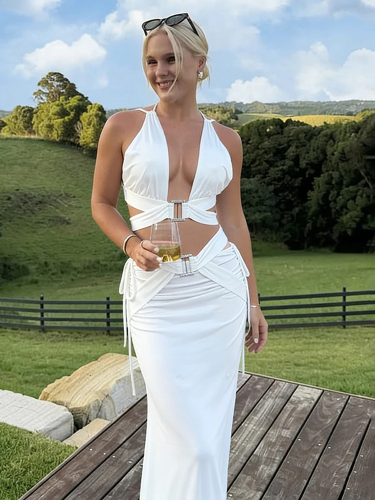 

Стильный комплект из 2 предметов: женский топ-бандо с V-образным вырезом и открытой спиной + юбка-карандаш персикового цвета с завязками и драпировкой, сексуальный облегающий наряд