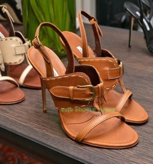 

Lady Buckle Strap Brown Open Toe Sandals Summer Runway Sexy Slingback Stiletto Heel Footwear Pu Metal Design Size 34-46