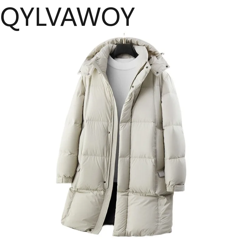 

Мужской пуховик QYLVAWOY, 90% белый утиный пух, новая теплая зимняя куртка для мужчин, утолщенная, длинная, с отстегивающимся капюшоном