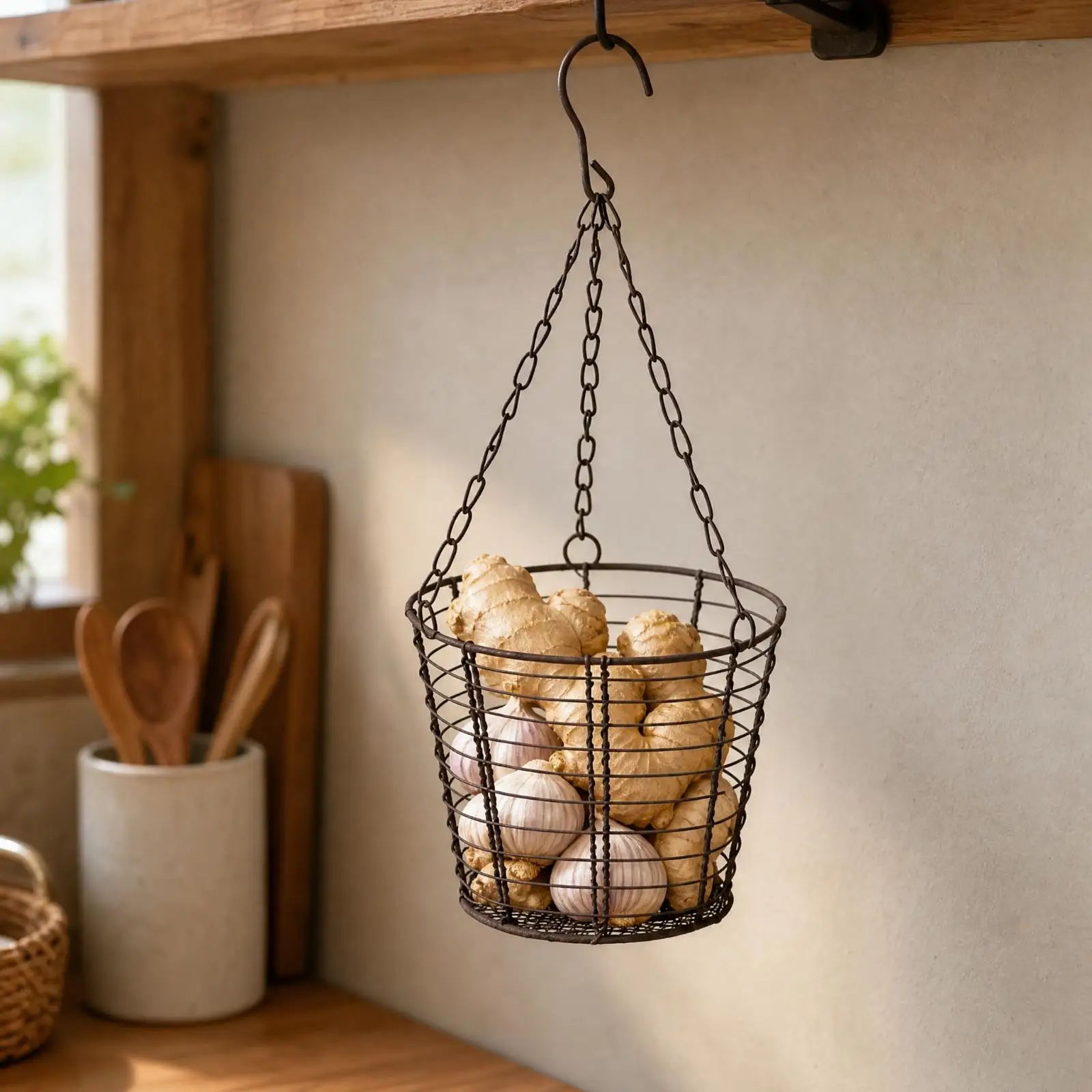 Kitchen Storage Basket Hanging Iron Wire Mesh Produce Organizer for Onion Garlic Fruit Wall Mount