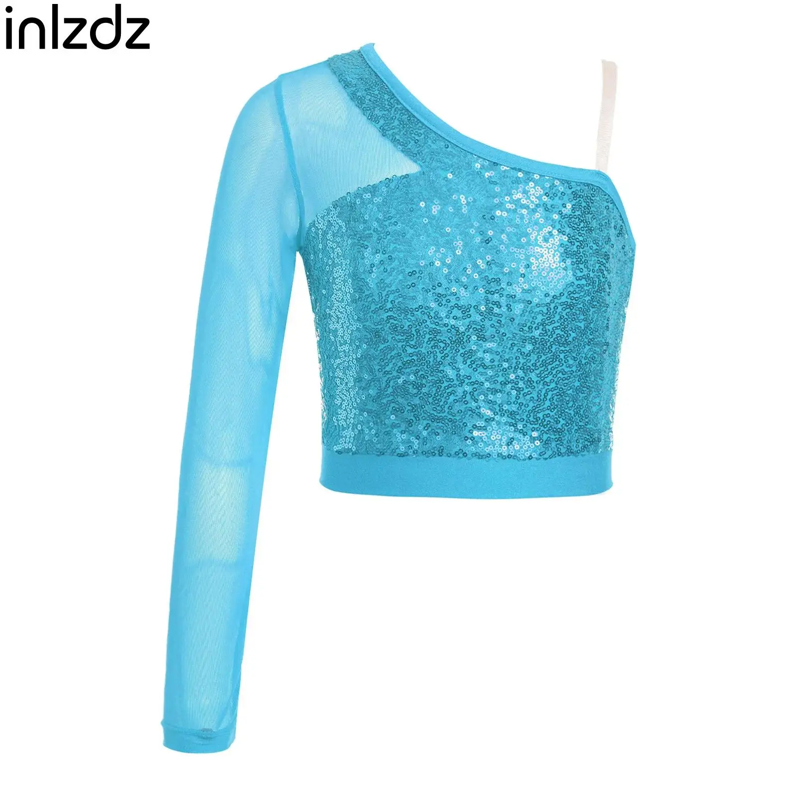 

Kids Girls Sparkly Sequins Dance Crop Top Performance Costumes Sleeveless One Shoulder Side Zipper Top for Cheerleading Dance