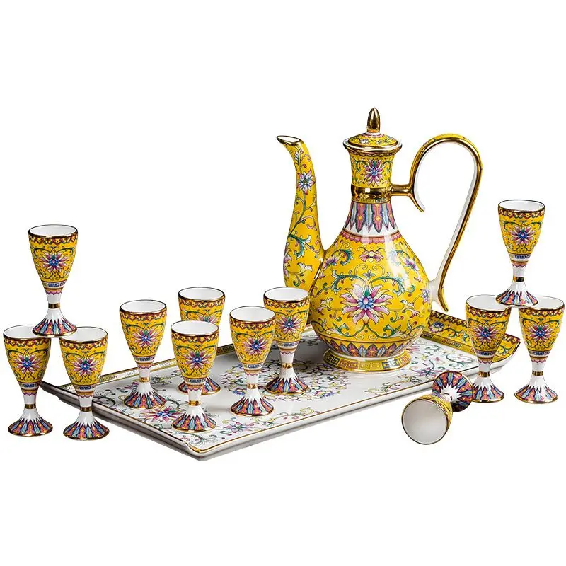 

Household wine sets, high-end ancient full set of enamel-colored emperor yellow wine bottles, court-painted old-fashioned gifts