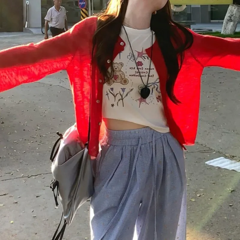 Korean Fashion Cardigan Women Summer Cropped Knitted Outwear Bow Embroidery Design Chic Sun-proof Ice-silk All-match Popular