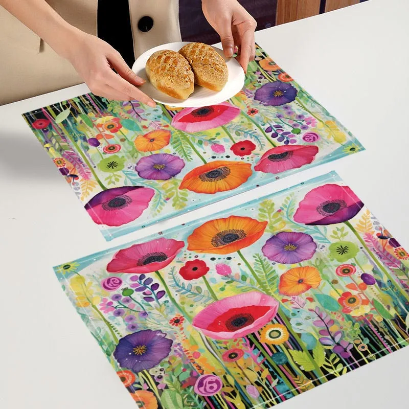 Poppy Flowers Pattern Placemat Custom Cotton Linen Dining Table Mats Bohemian Coaster Pad Bowl Cup Mat Home Decor 7.24WJY