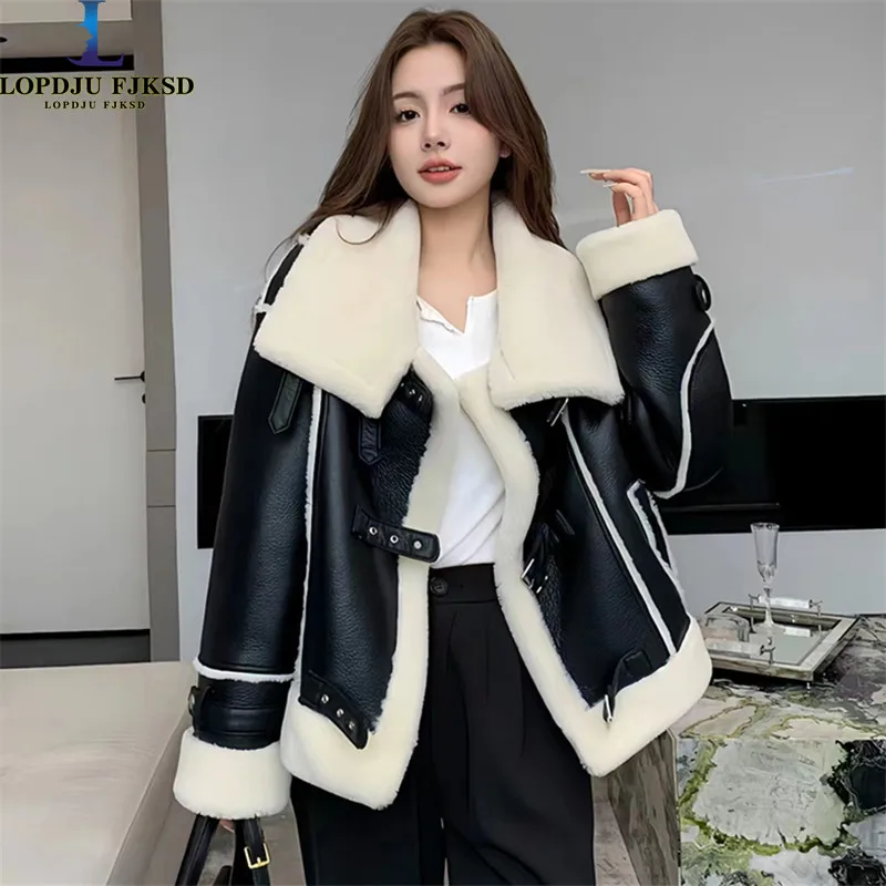 

Women's Faux Lamb Fur Liner Coat, PU Jackets,Thicken Overcoat, Casual,Spliced,Female Clothes, Single Breasted, New, Winter