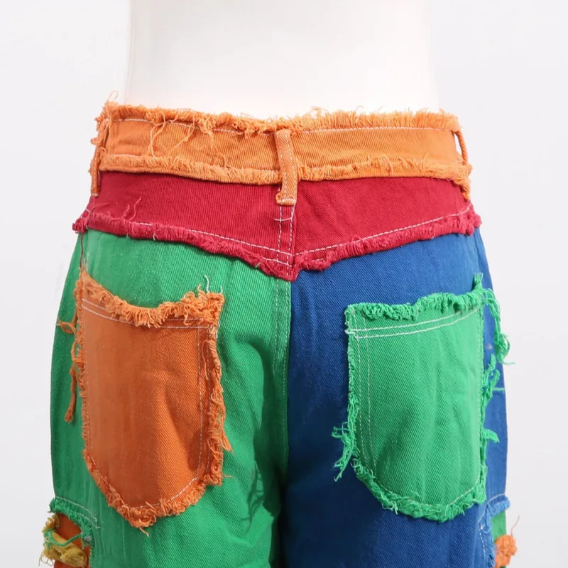 HKSH 2026 Spring Autumn New Women Jeans Color Block Patchwork Pockets Streetwear Hip Hop Straight Distressed Denim Pants HK18939