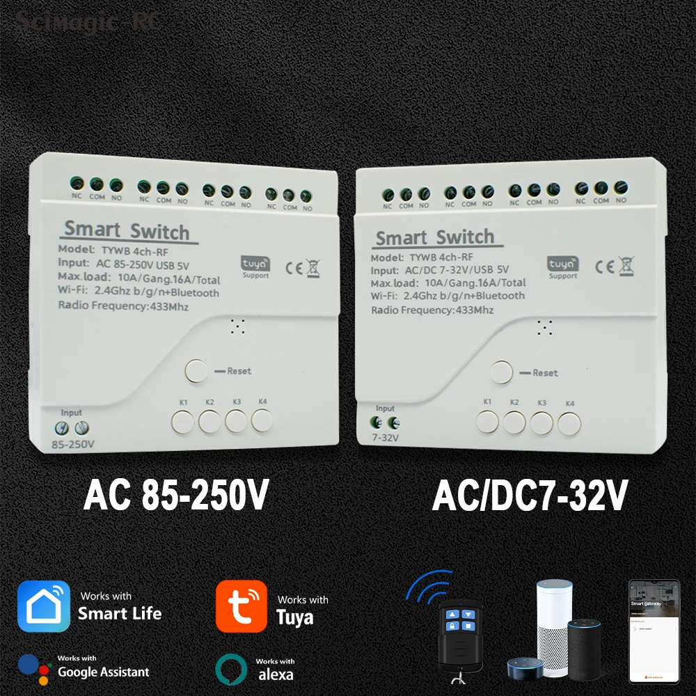 Tuya 1/4 Channel WiFi Smart Switch AC/DC 7-32V AC 85-250V Relay Module RF 433MHz Remote Control interrupter for Light Motor