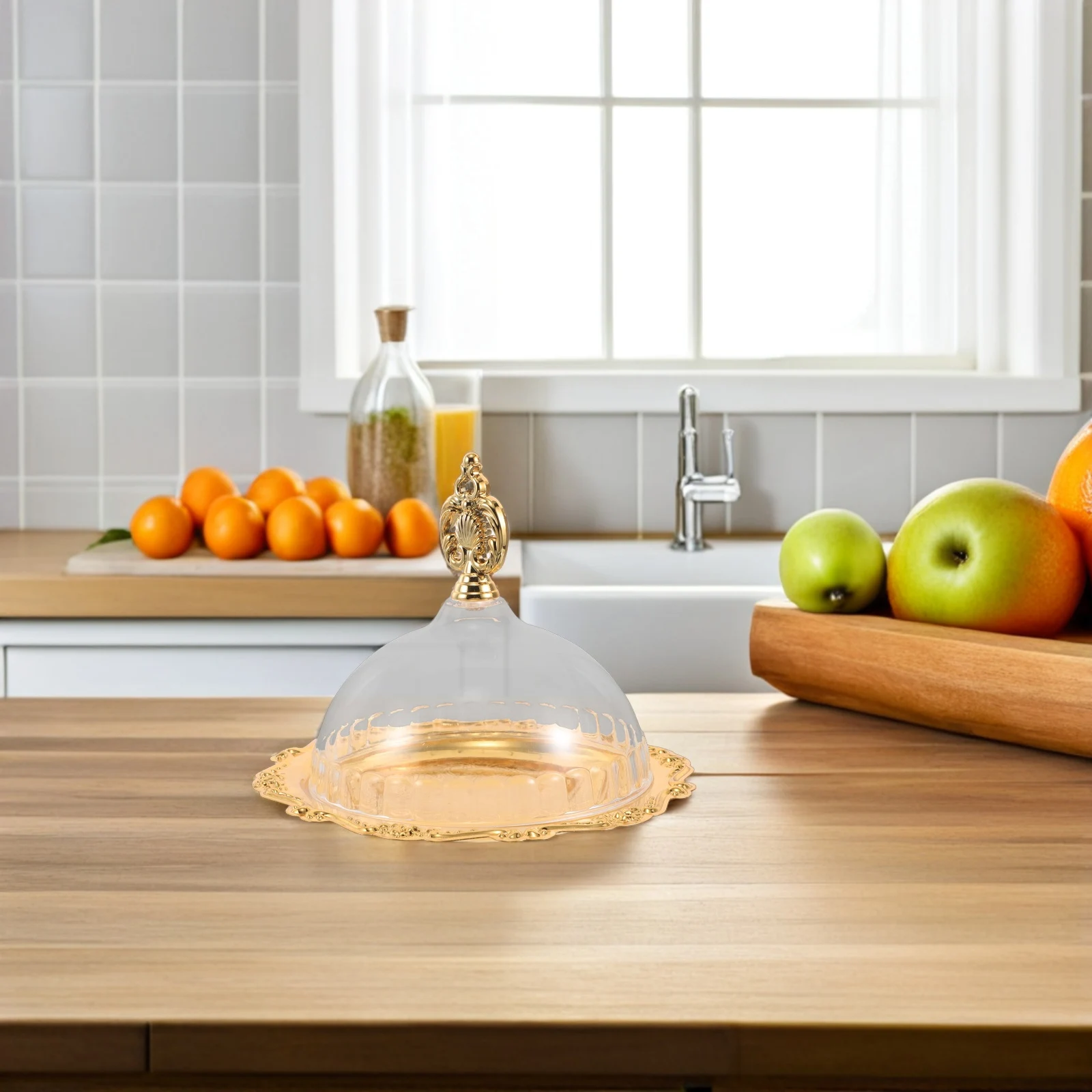 

Iron Art Cake Display Plate Round Metal Tray With Clear Acrylic Dome Lid For Desserts Freshness Protection Wedding Party