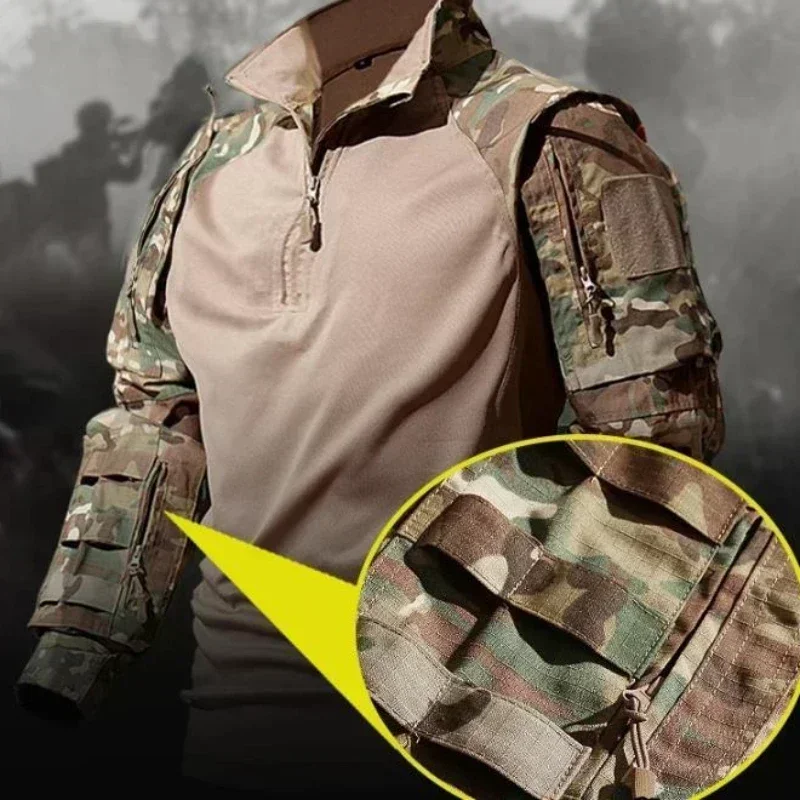 Autumn Tactical Sets Men Outdoor Breathable Short Sleeve Tshirt+Waterproof Straight Pant 2 Pcs Suits Camo Multi-pocket Cargo Set