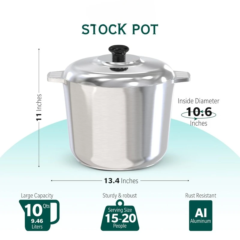 home.home.10 Quart Cast Aluminum Stock Pot with Lid -  & Retention - Professional Cookware Stockpot with Silicone Handle Covers