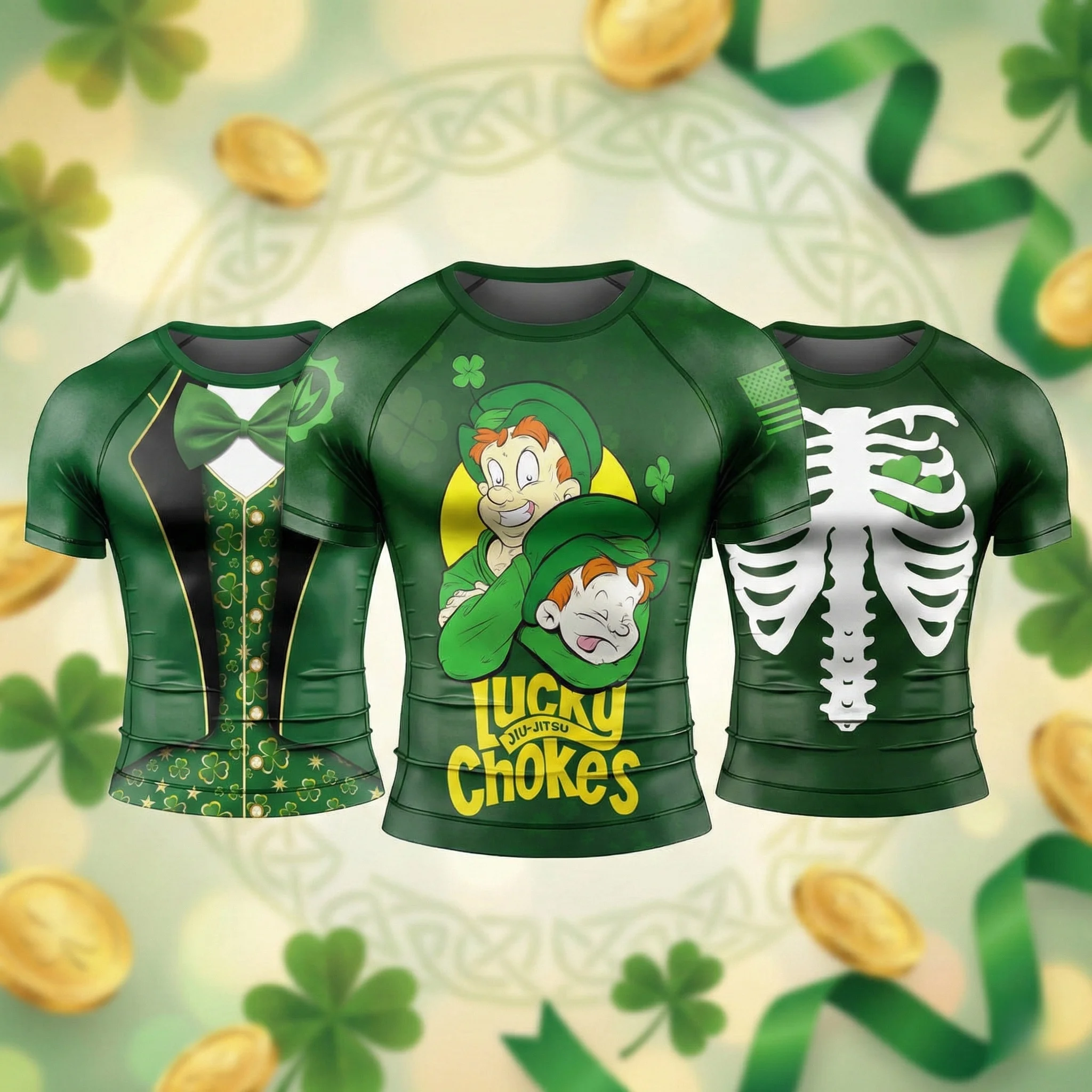 Camiseta de BJJ para hombre del Día de San Patricio, Lucky Chokes, Leprechaun Skeleton Tuxedo, Top de Grappling, Ropa de Lucha No-Gi, Camisetas de Gimnasio con Trébol Verde