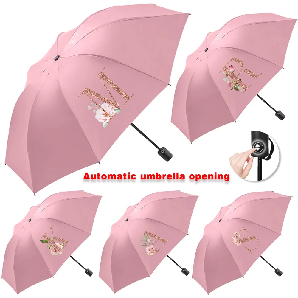 Travel Essential Sunshade Sunscreen Rain Umbrellas UV Automatic Umbrella Cute Print Outdoor Picnics Hiking Tour Rose Gold Letter