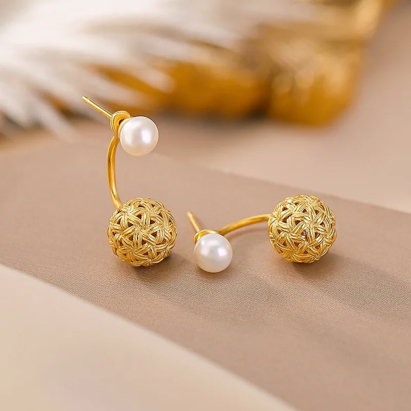 

TIMESWIND for Women S925 Woven Pattern Hollow Hydrangea Round Pearl Earrings with Certificate