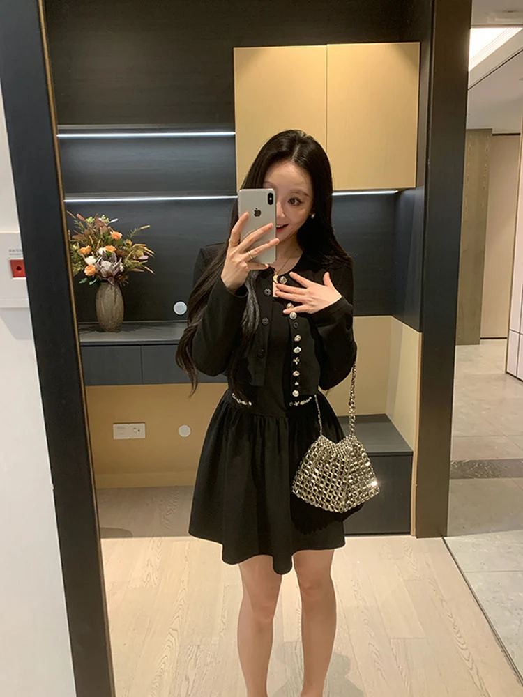 

Весенне-летний вязаный комплект: кардиган, платье-жилет с завышенной талией, элегантный, стройнящий, женский, с длинным рукавом, повседневный стиль, модный комплект