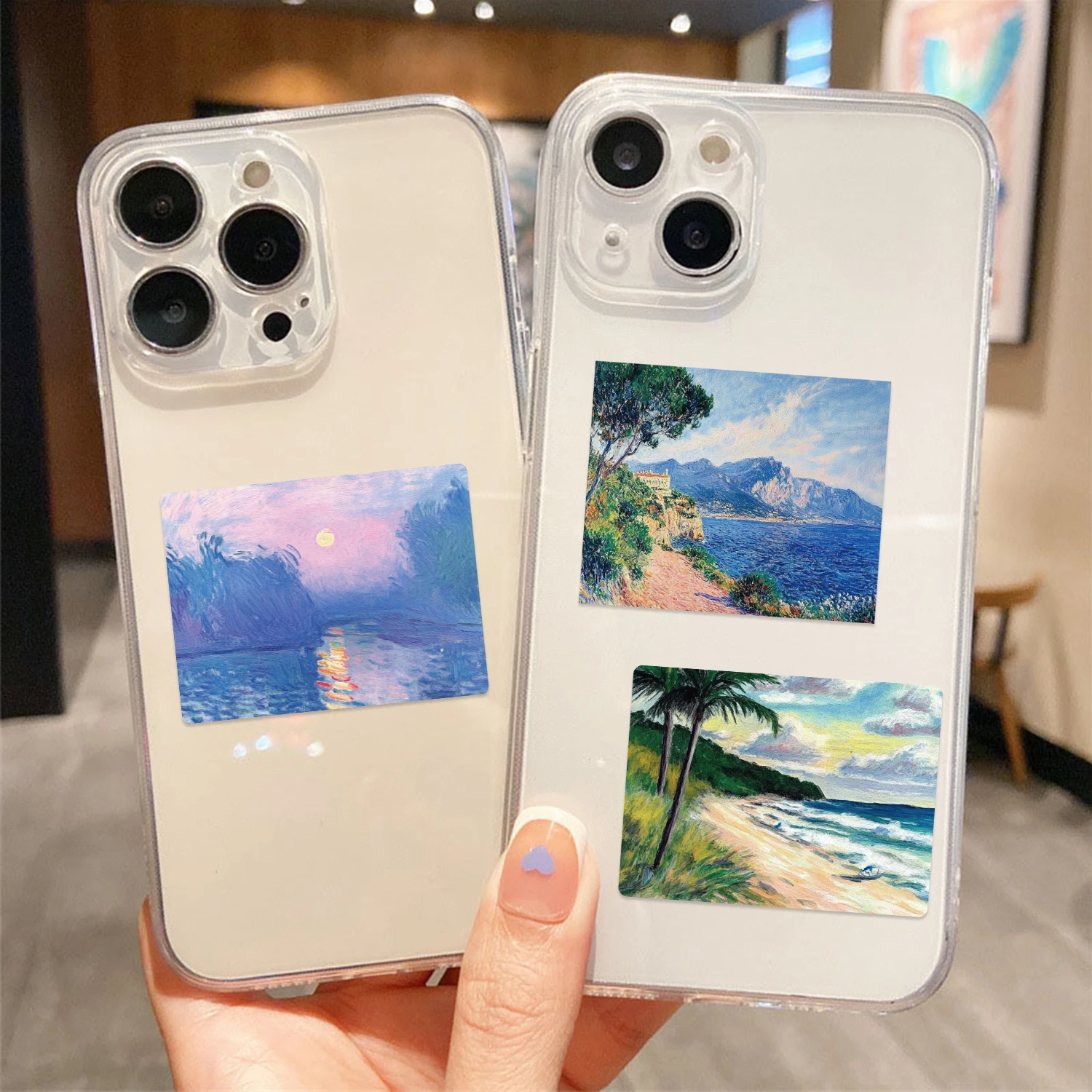 56pcs 유화 풍경 스티커 수하물 및 노트북에 대 한 방수 비닐 데 칼 모듬 된 작은 크기 낙서 컵