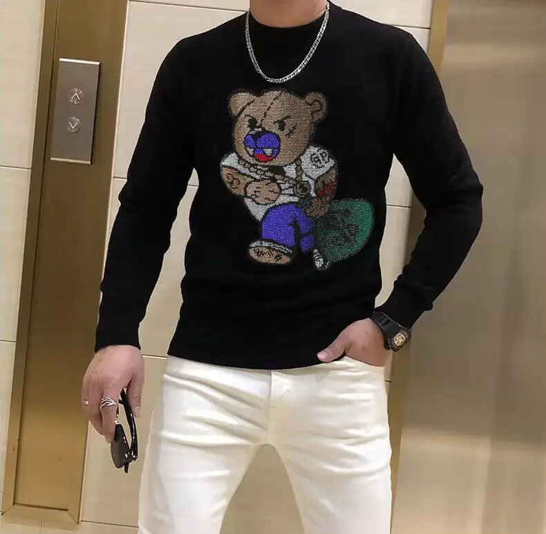 Men's Oversized Sweater Summer New  Fitness Cotton O Neck long Sleeve Streetwear Rhinestones