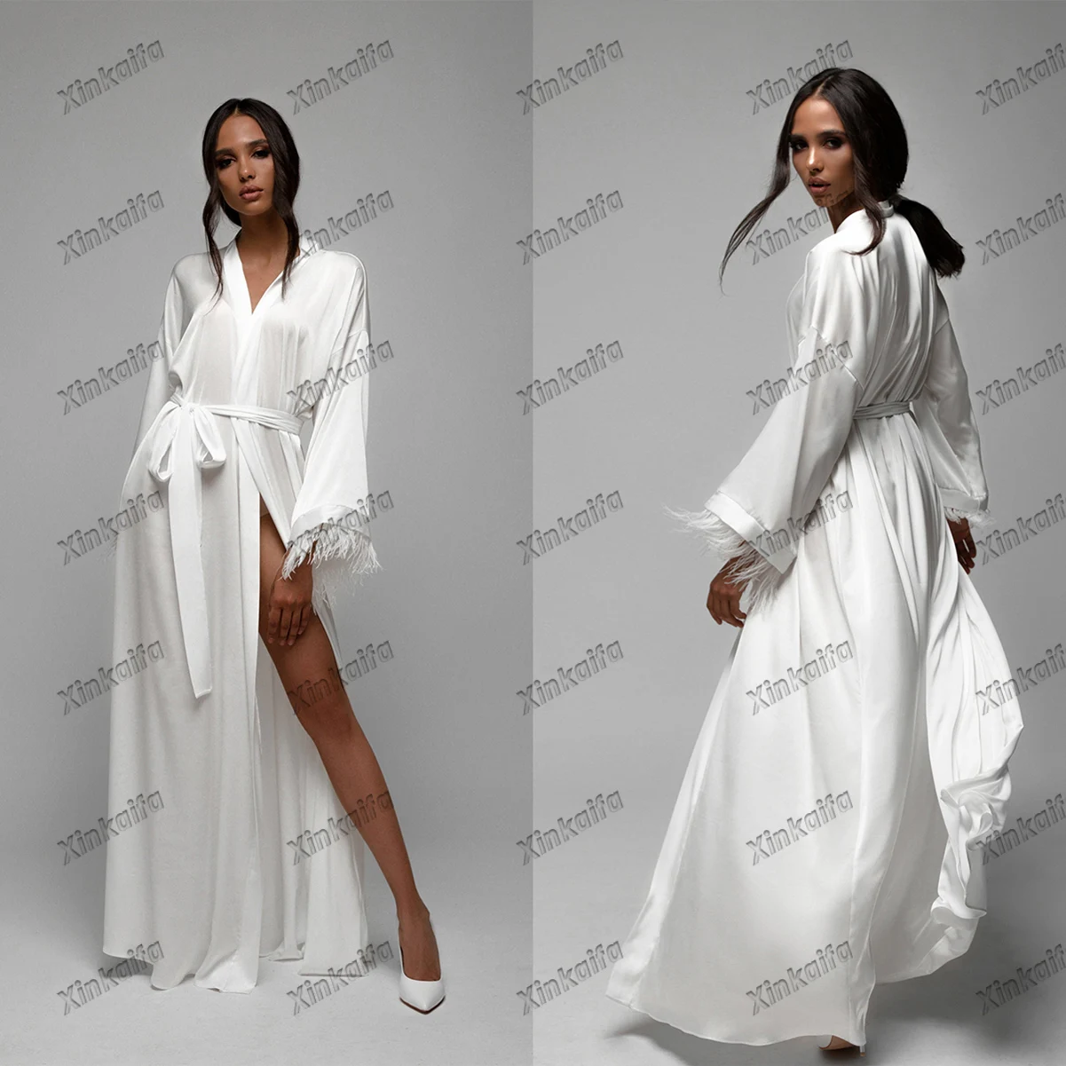 Classic Night-Robe Elegant Summer Icy Skin Friendly Women Pajamas With Feather Housecoat Long Sleeve Nightwear Customized