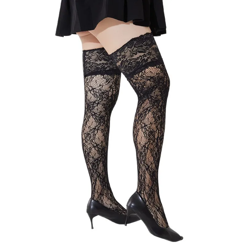 Plus Size Fishnet Stockings for Women High Elasticity Lace Vintage Hollow Out Mesh Stocking Sexy Retro Thin Socks Black view 3