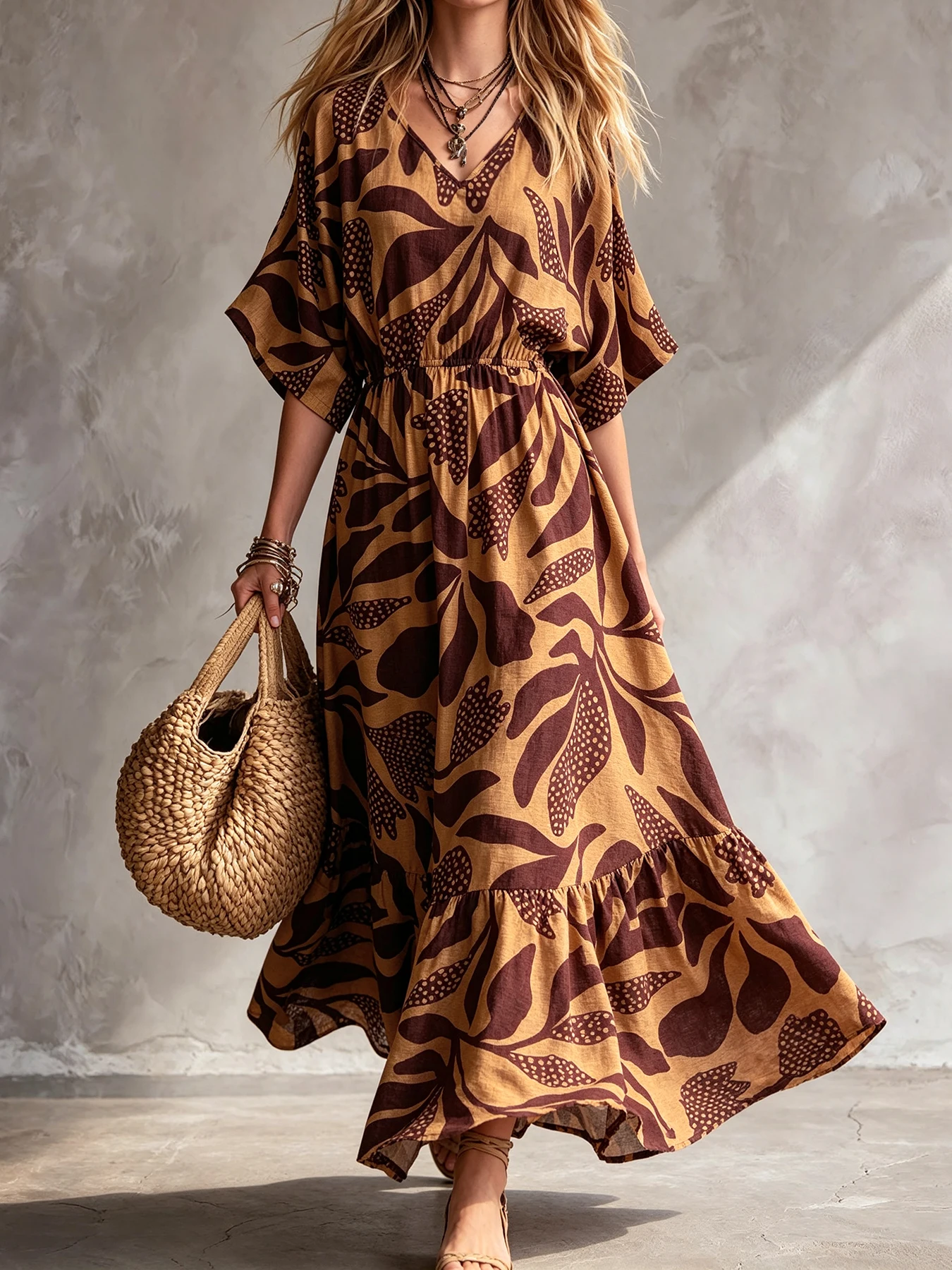 Boho Tropical Leaf Print V Neck Batwing Sleeve Smocked Waist Flowy Maxi Dress For Women