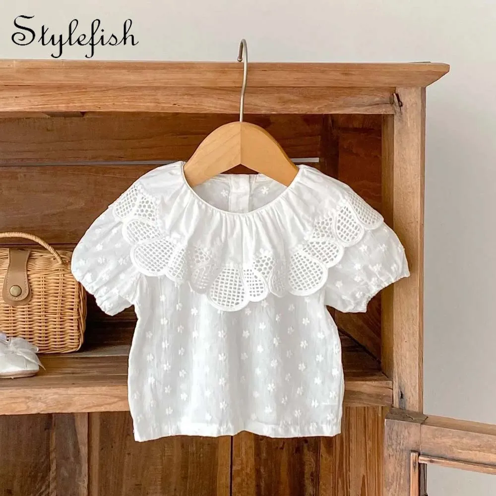 Summer Baby Girl Baby Trend Sweet Everything Solid Color Big Lace Collar Embroidery Small Flower Bubble Short Sleeve Blouse Base