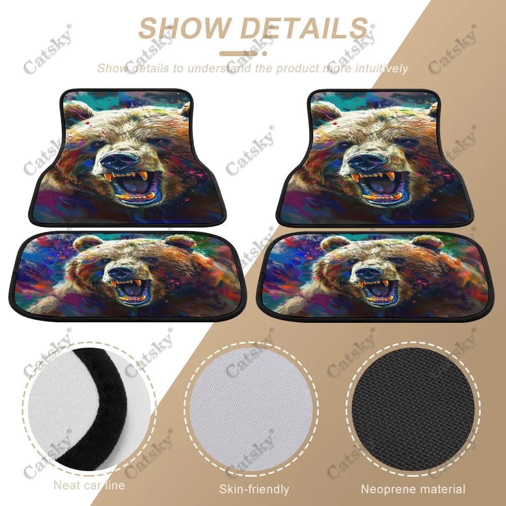 Angry Bear Painting Car Floor Mats 4piece Front Rear Carpet Stain-resistant Complete Set Suitable for SUV Truck Interior Decor