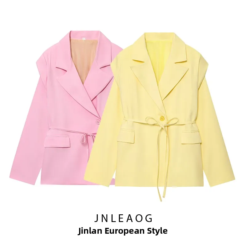 JNLEAOG Women's Faion Wide oulder Strap Belted Tailored Jaet Autumn New Sle Versatile Design Busin Casual Long Sve